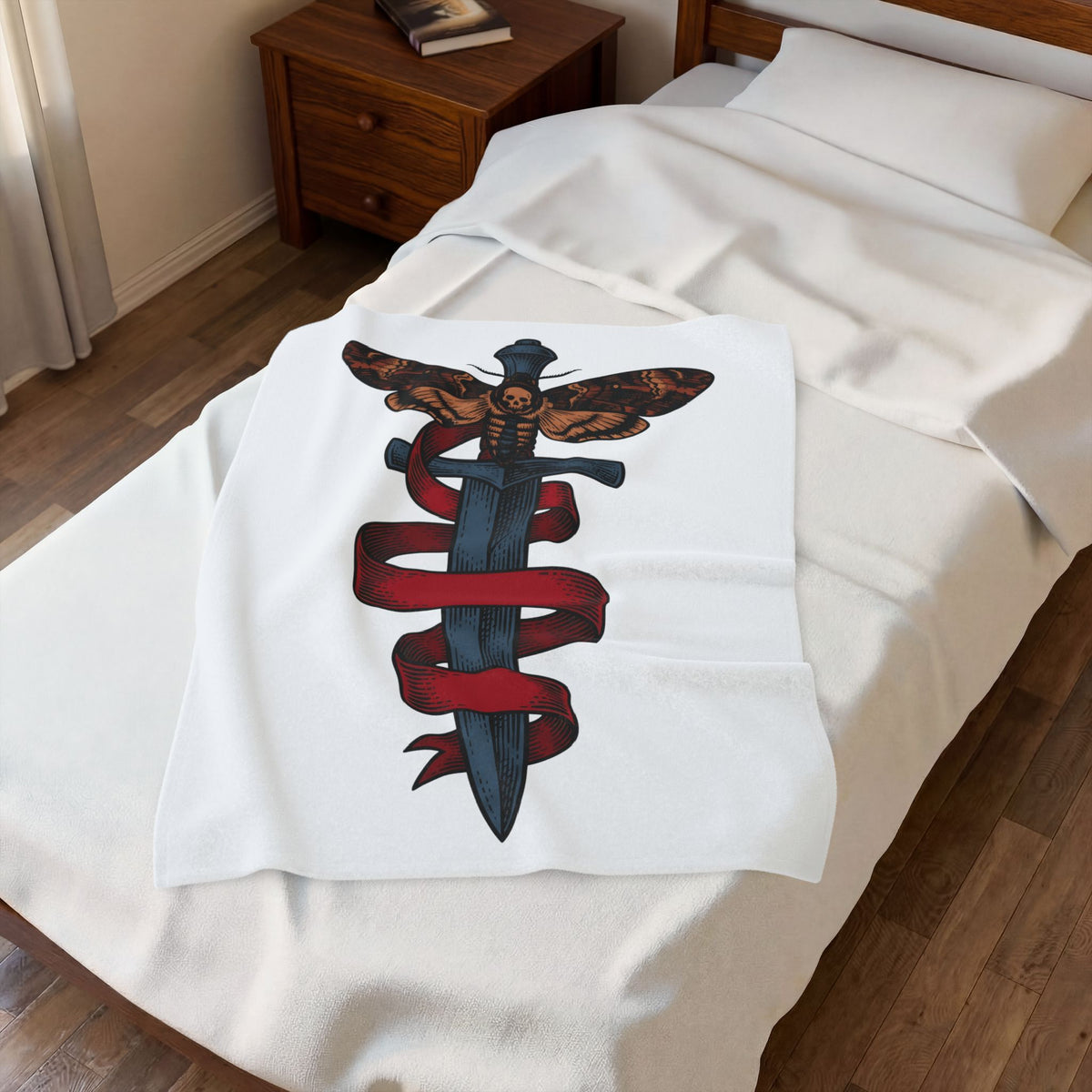 Death Moth Dagger Blanket Boho Chic Gothic Gift Women Tattoo Blanket Dagger Blanket Bohemian Fan Ink Blanket Dark Graphic Vintage Ribbon Blanket