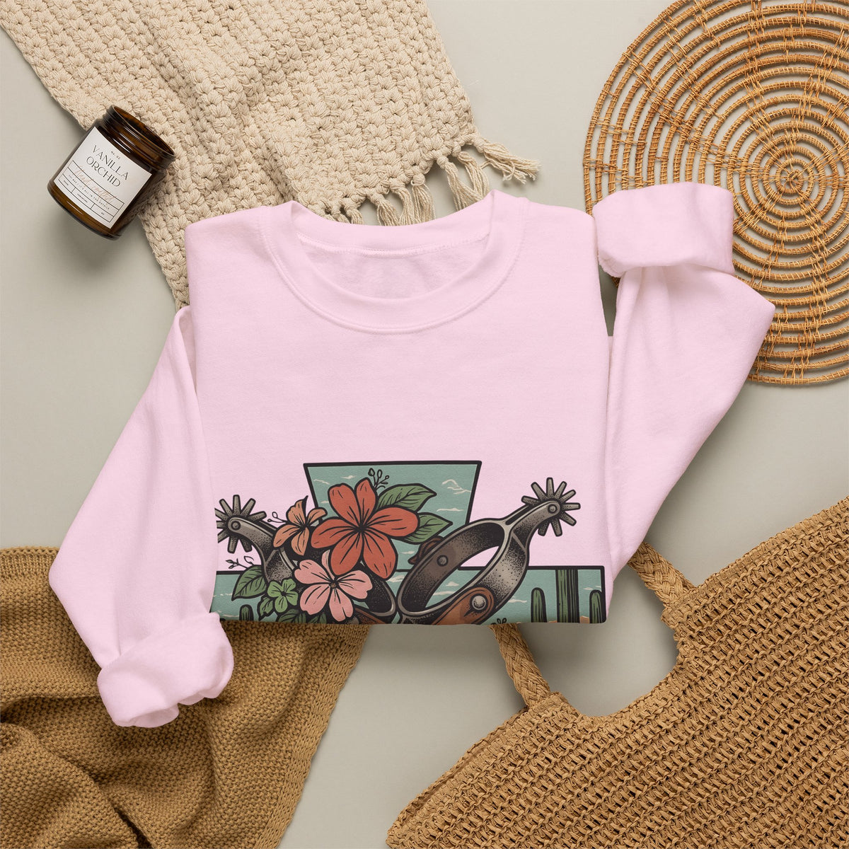 Leather Spurs Sweatshirt Cowgirl Garden Gift Women Tribal Sweatshirt Rowels Sweatshirt Cowboy Fan Primitive Sweatshirt Gardening Graphic Sketch Desert Plants