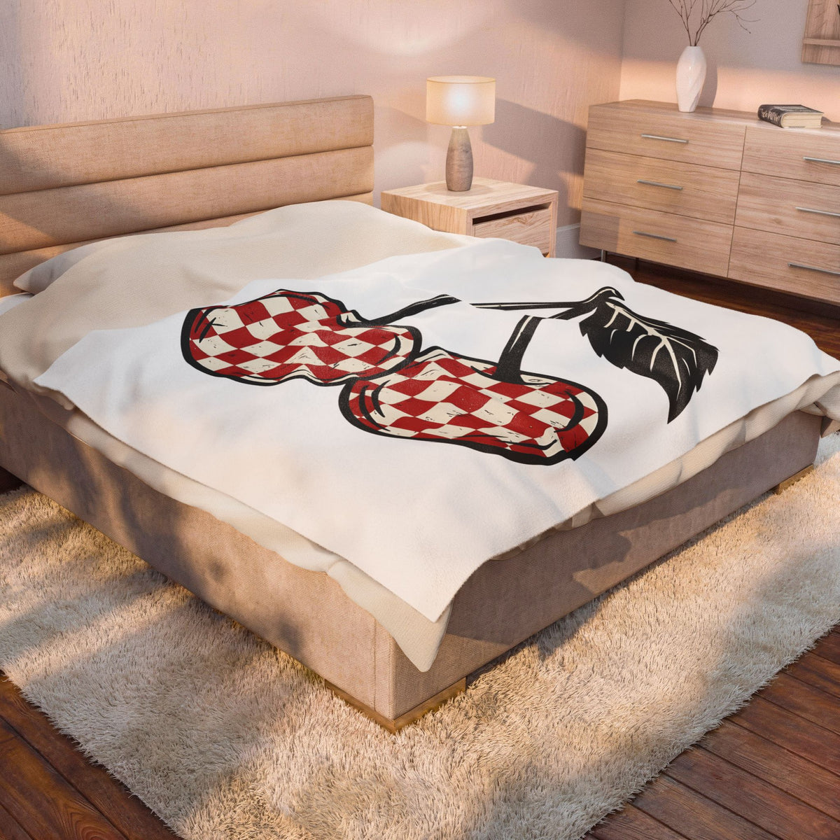Cherry Illustration Blanket Moms Produce Gift Women Rustic Blanket Cherry Blanket Mother Fan Vintage Blanket Harvest Graphic Nostalgic Plaid Design