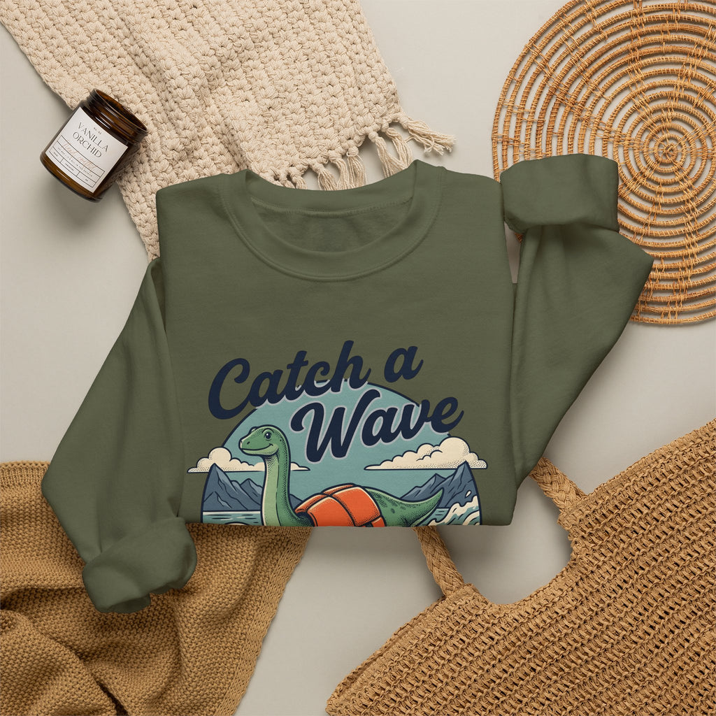 Surfing Dinosaur Sweatshirt Sports Surfing Gift Women Vintage Sweatshirt Dinosaur Sweatshirt Athlete Fan Retro Illustration Waves Sweatshirt