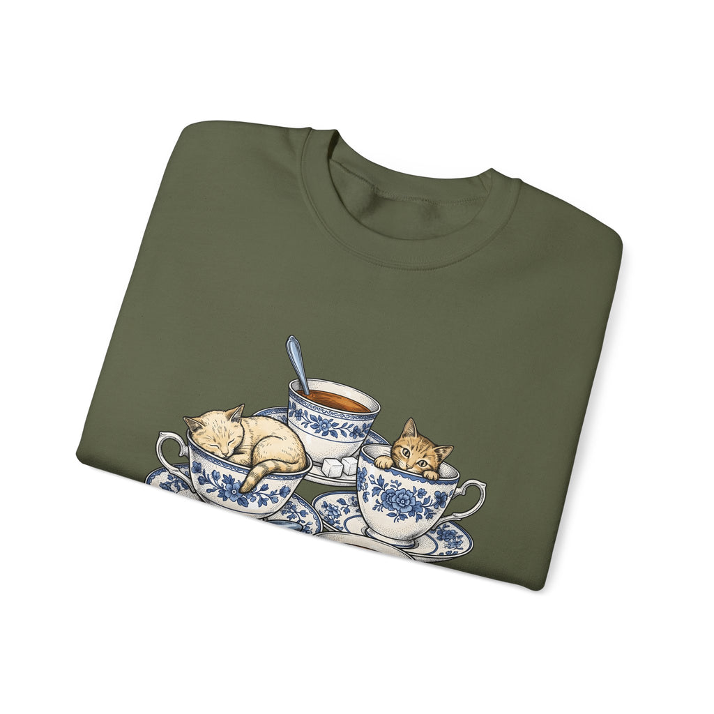 Cat Teacup Sweatshirt Cat Beverage Gift Women Retro Sweatshirt Kitty Sweatshirt Cat Fan Vintage Sweatshirt Coffee Graphic Sketch Flower Design Sweatshirt