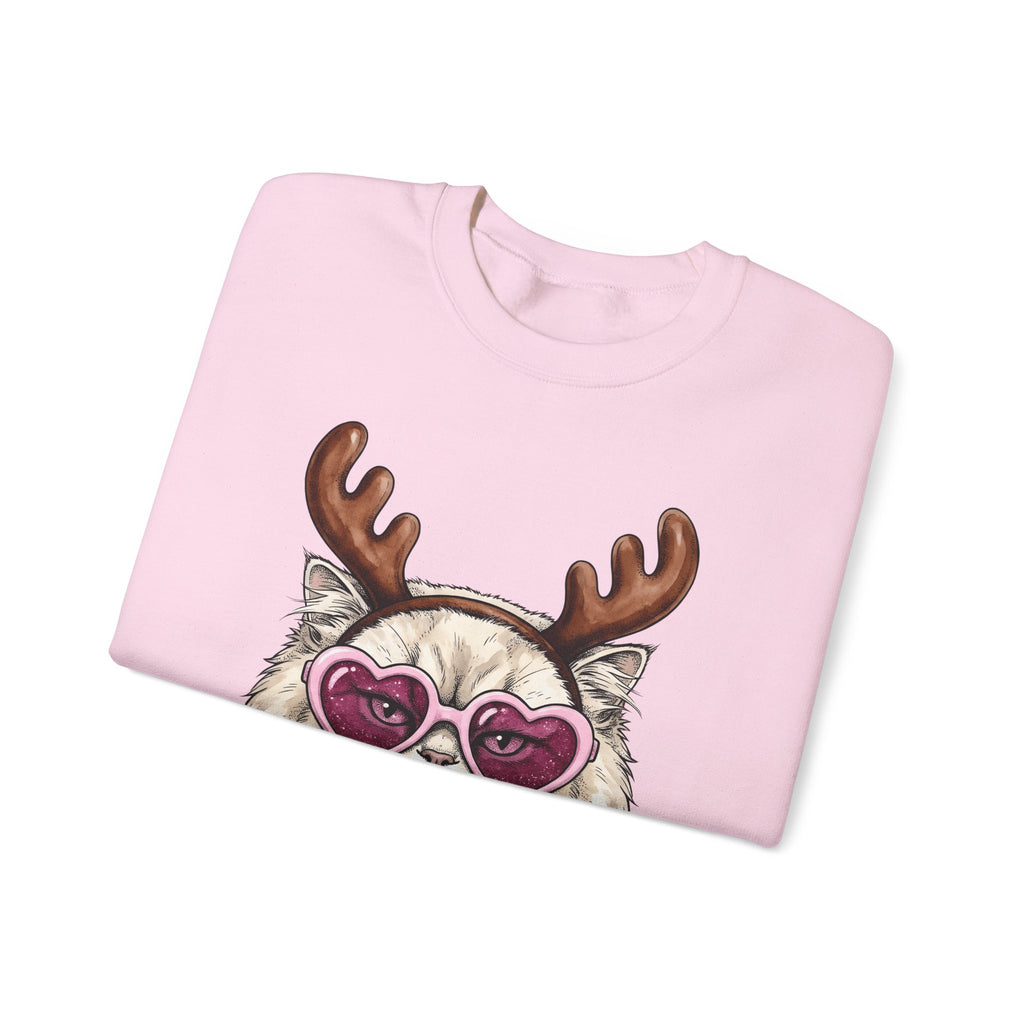 Cat Reindeer Sweatshirt Christmas Cat Gift Women Hand Drawn Sweatshirt Reindeer Sweatshirt Xmas Fan Illustrated Graphic Kitten Design Vintage Heart