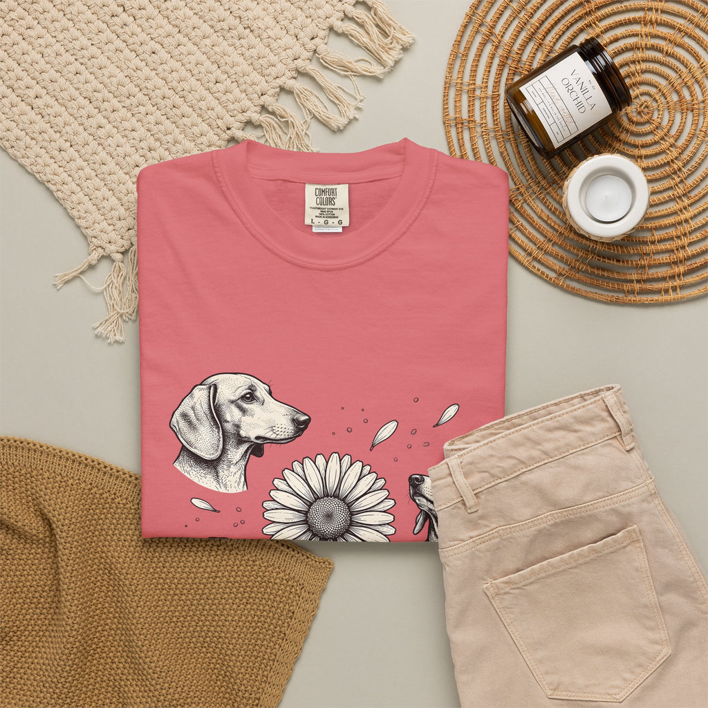 Dachshund Dog T-Shirt Dog Floral Gift Women Hand Drawn T-Shirt Wiener Dog T-Shirt Dog Fan Illustrated Design Vintage Daisy Flower T-Shirt