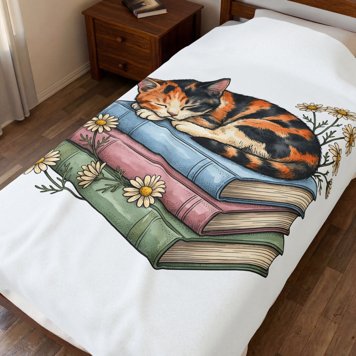 Calico Cat Blanket Cat Floral Gift Women Hand Drawn Blanket Kitten Blanket Cat Fan Illustrated Graphic Vintage Books Blanket