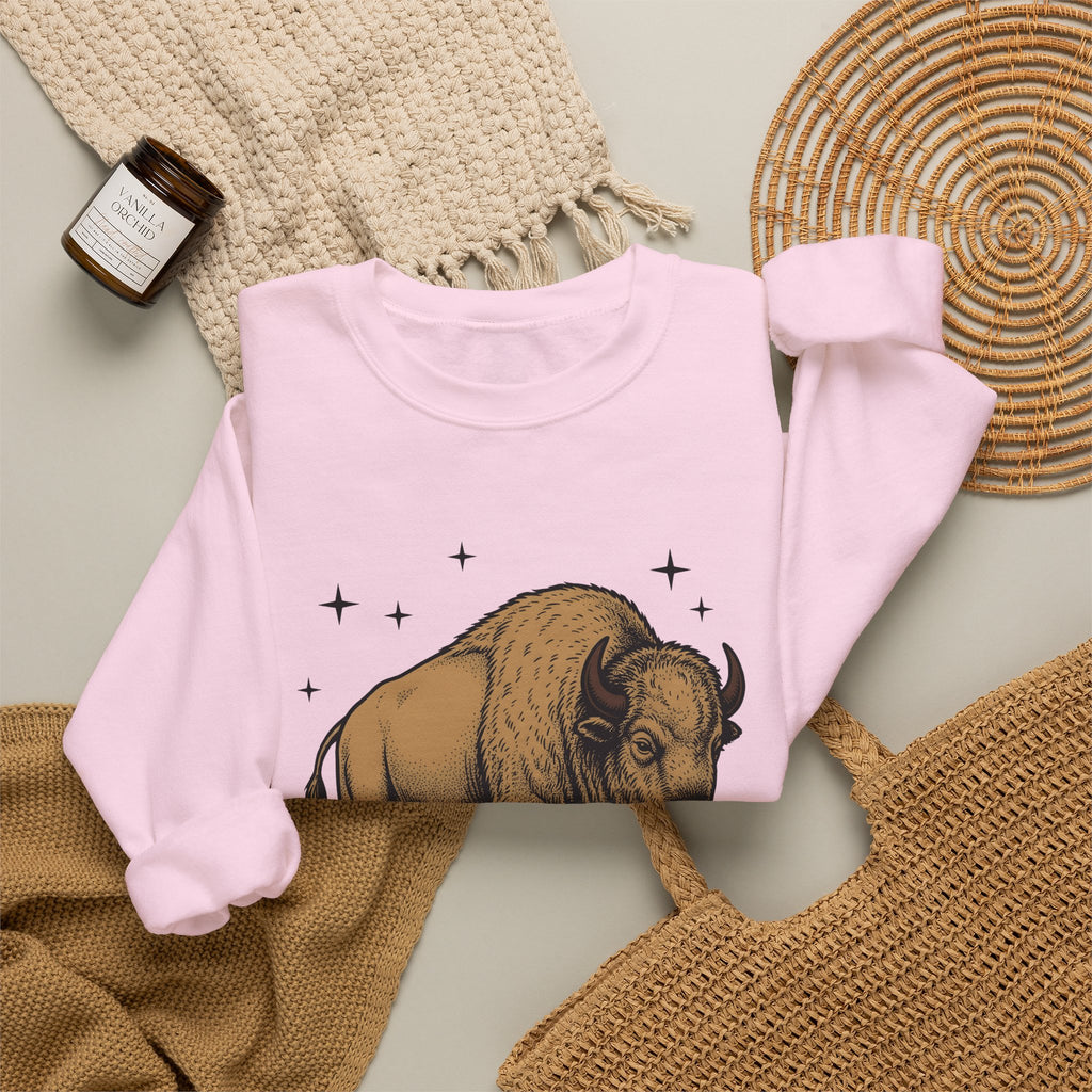Buffalo Art Sweatshirt Animal Environment Gift Women Rustic Sweatshirt Bison Sweatshirt Wildlife Fan Primitive Sweatshirt Eco Graphic Line Art Star Symbols