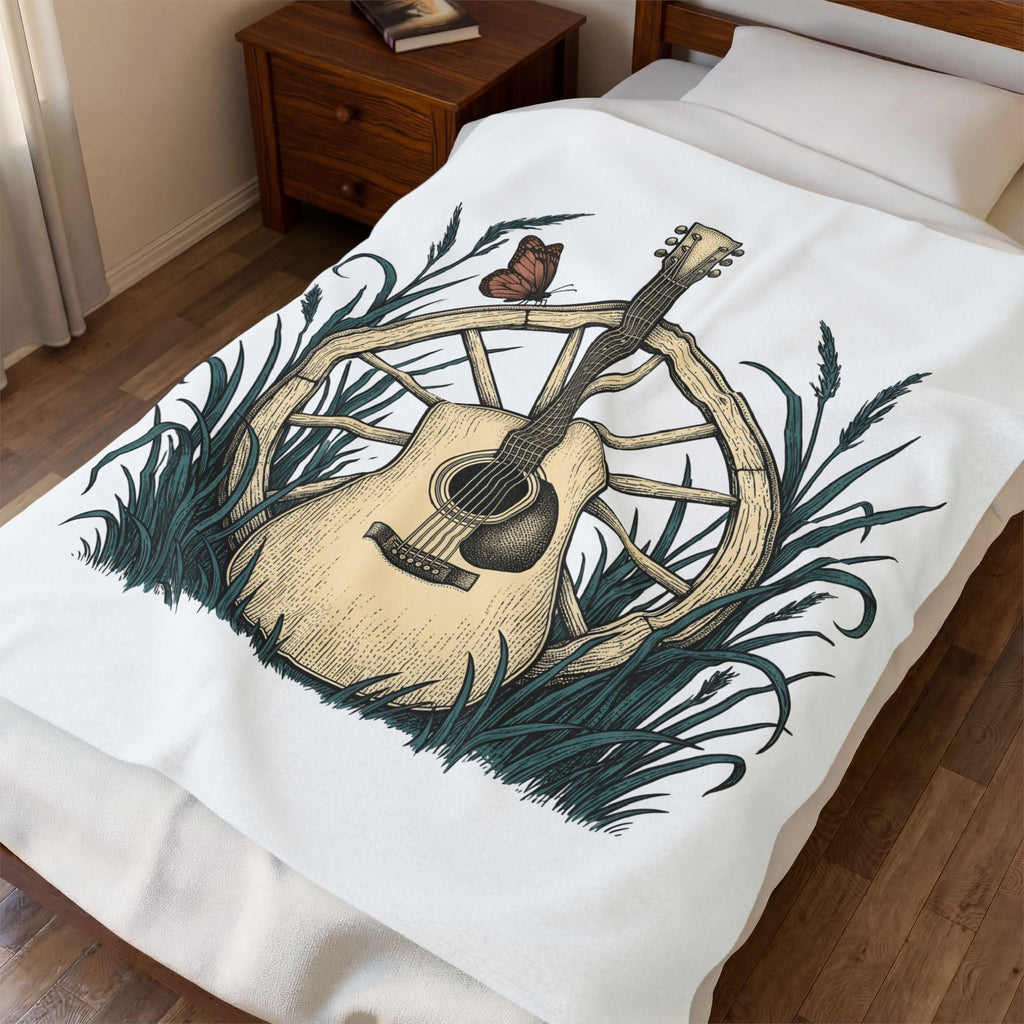 Acoustic Guitar Blanket Cowgirl Country Gift Women Farmhouse Blanket Guitar Blanket Cowboy Fan Rustic Blanket Country Graphic Retro Carriage Wheel