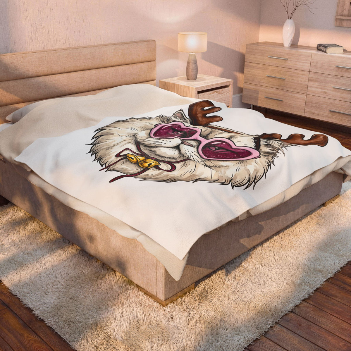 Cat Reindeer Blanket Christmas Cat Gift Women Hand Drawn Blanket Reindeer Blanket Xmas Fan Illustrated Graphic Kitten Design Vintage Heart