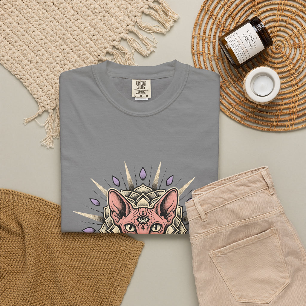 Sphynx Pet T-Shirt Cat Meditation Gift Women Tribal T-Shirt Hairless Cat T-Shirt Cat Fan Tribalism T-Shirt Mindfulness Graphic Etched Circle Design