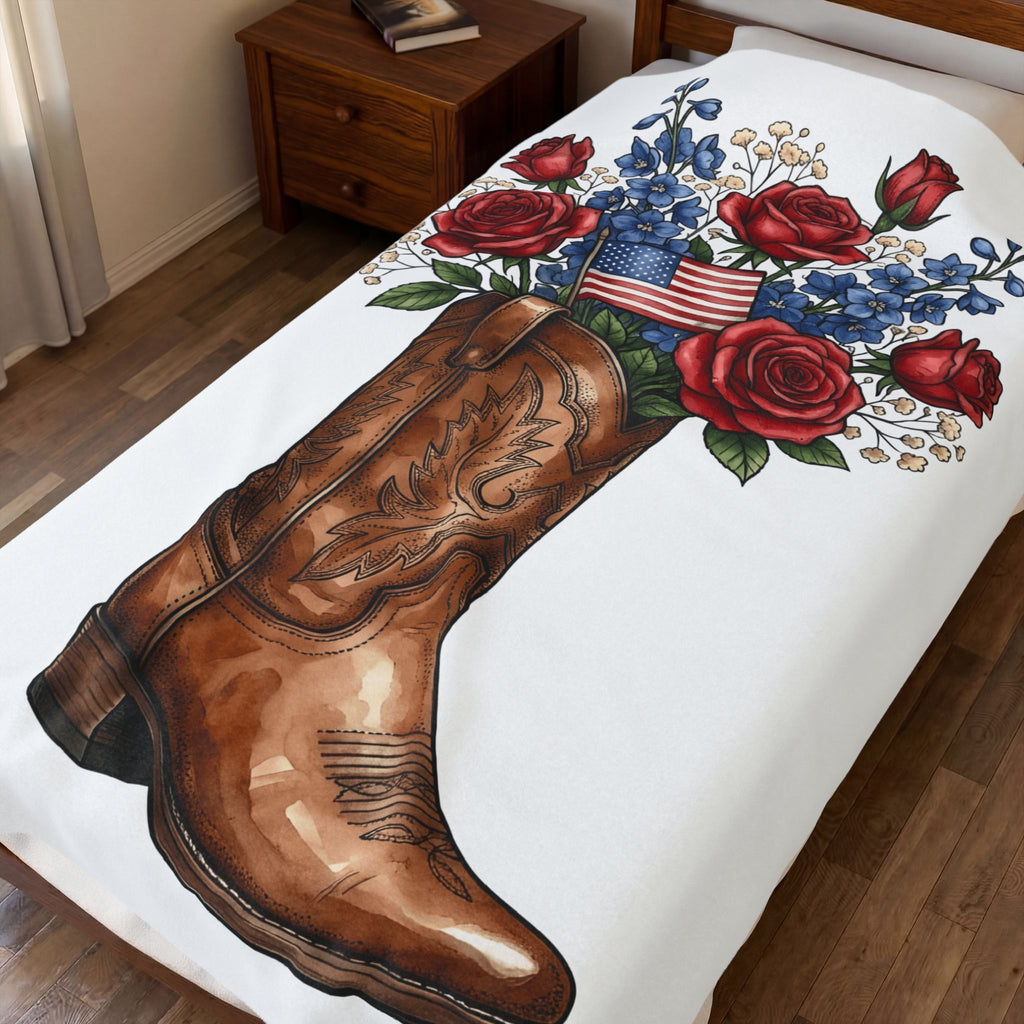 Cowboy Boot Floral America 4Th Of July Western Gift Hand Drawn Boot Patriot Fan Blanket