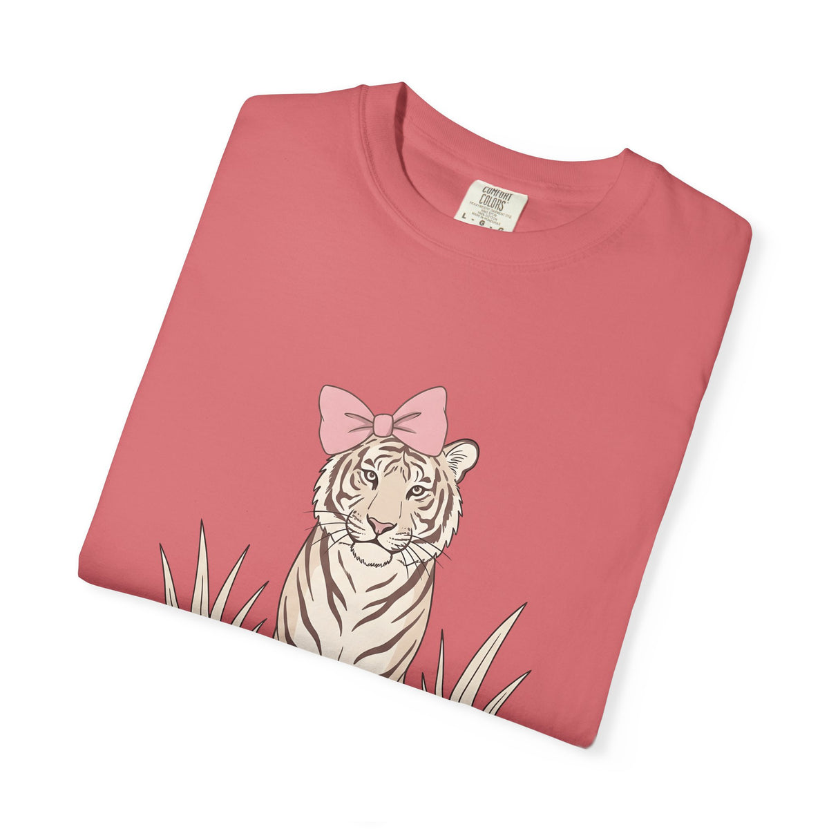 Tiger Bow Cute Animal Gift Minimalist Ribbon Adorable Fan Simple Wildlife Hand Drawn Grass T-Shirt