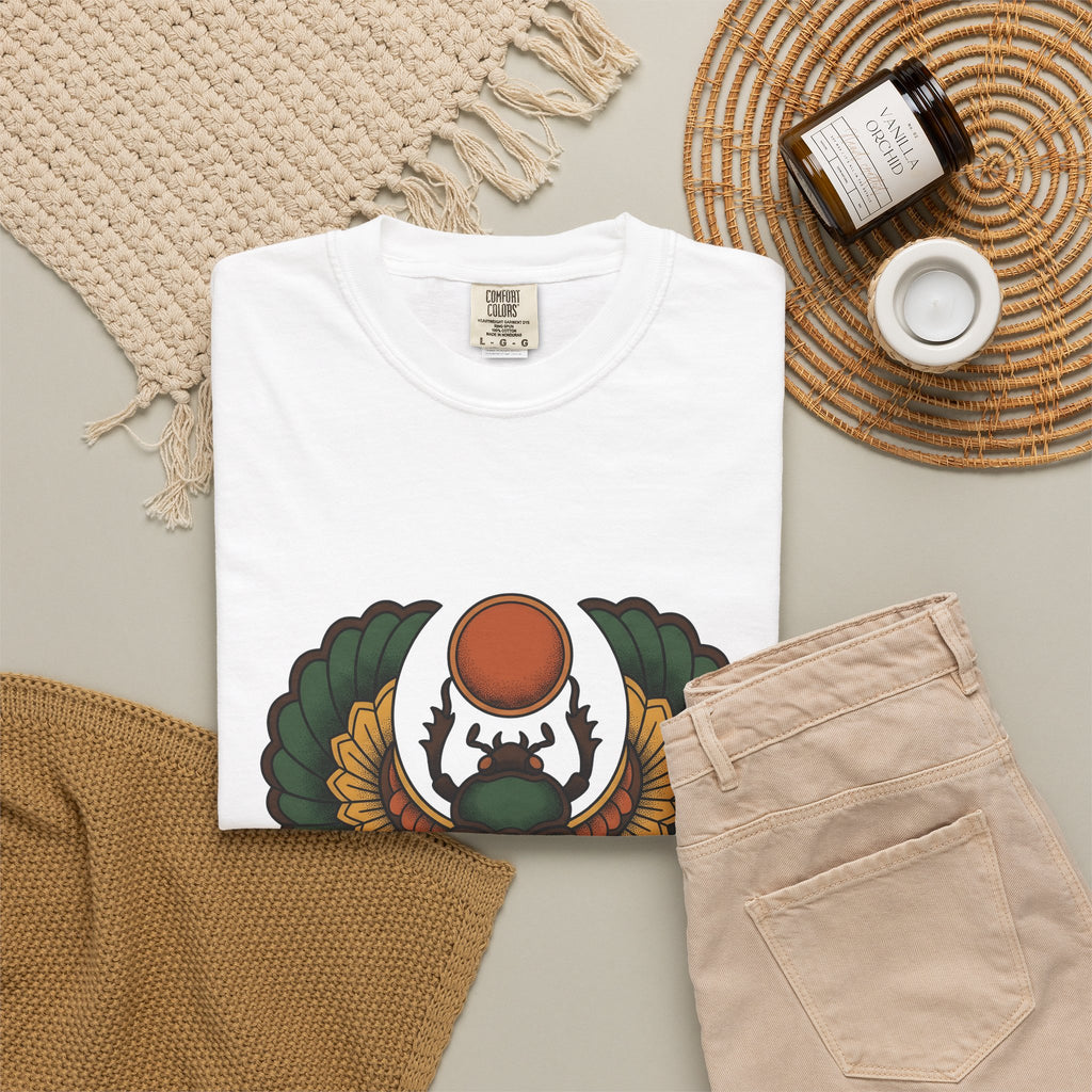 Beetle Bug T-Shirt Boho Chic Chakra Gift Women Minimalist T-Shirt Scarab T-Shirt Bohemian Enthusiast Simple T-Shirt Energy Graphic Hand Drawn Sun