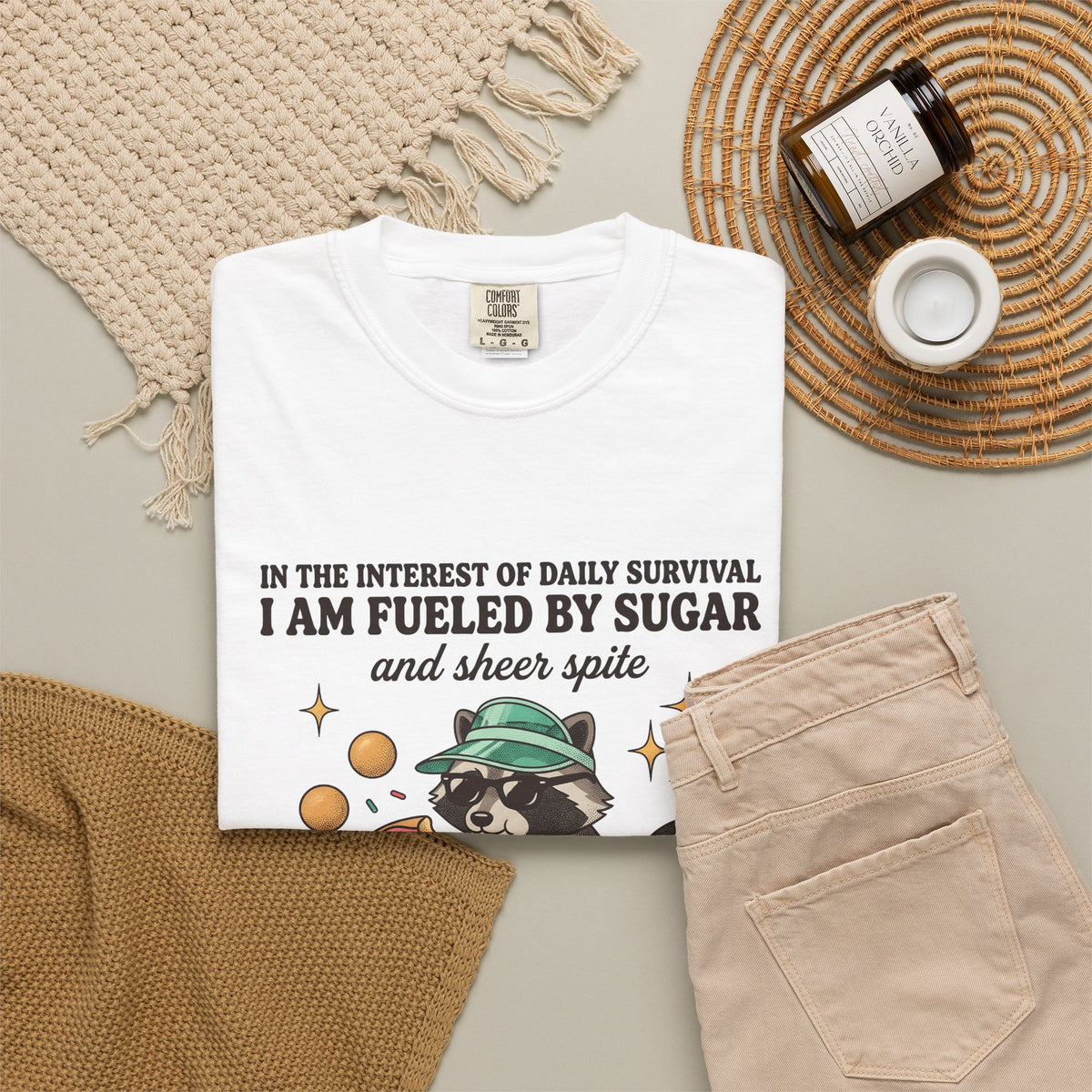 Raccoon Pastry T-Shirt Desserts Wildlife Gift Women Comic T-Shirt Pastry Chef T-Shirt Sweets Fan Cartoon T-Shirt Animal Graphic Vintage Candy Dots