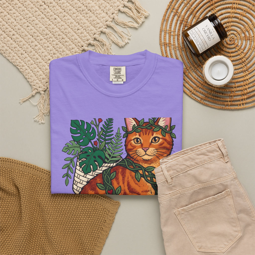 Ginger Cat T-Shirt Cat Wildlife Gift Women Floral T-Shirt Orange Cat T-Shirt Cat Fan Feline Graphic T-Shirt Sketch Indoor Plants T-Shirt