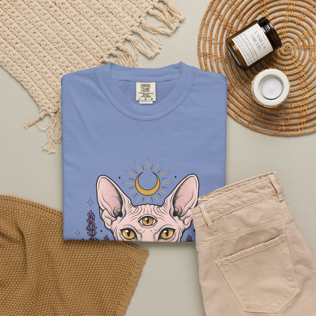Sphynx Cat T-Shirt Boho Chic Metaphysical Gift Women Line Art T-Shirt Hairless Cat T-Shirt Bohemian Fan Minimalist T-Shirt Spiritual Graphic Folk