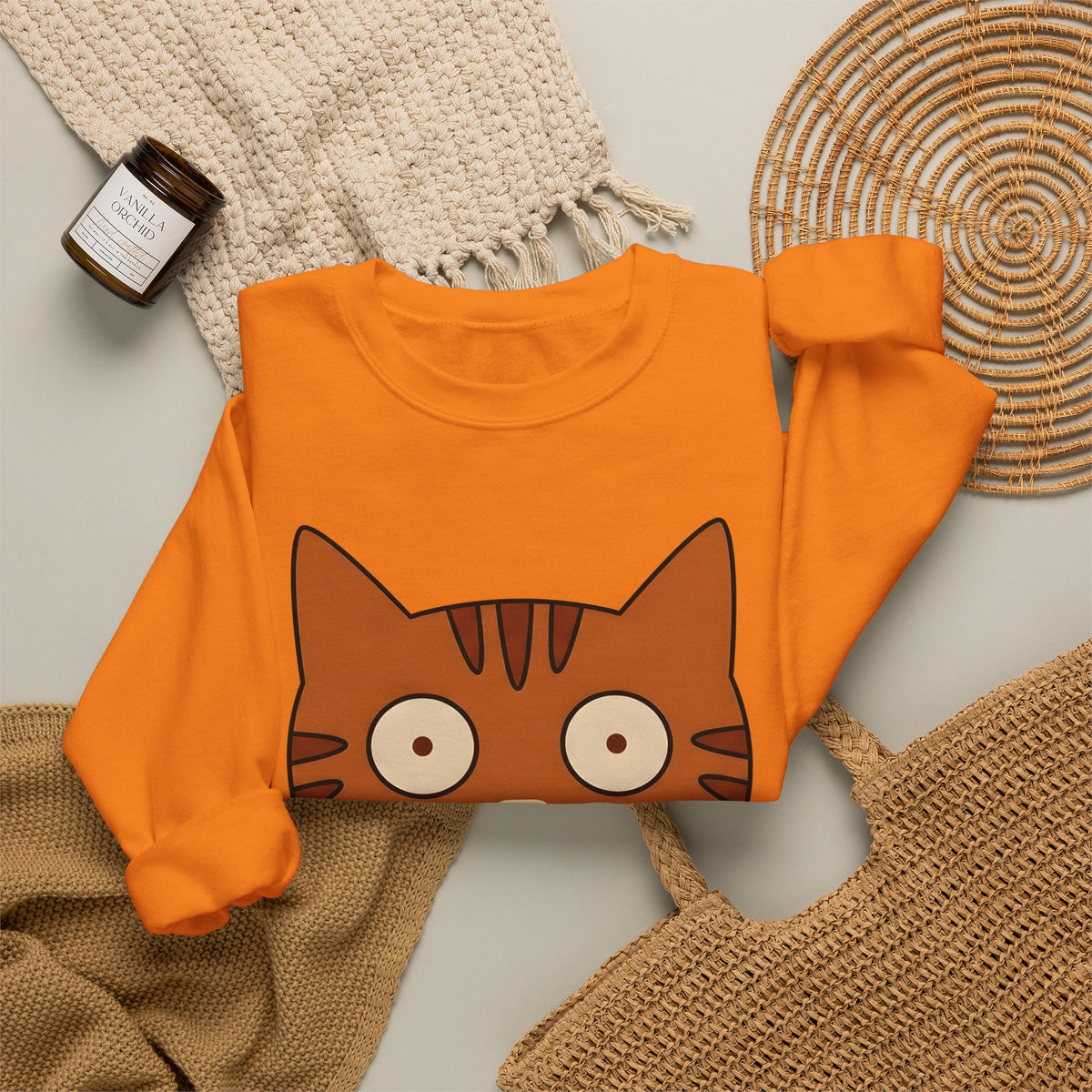 Cat Face Sweatshirt Cat Humor Gift Women Cartoon Sweatshirt Kitten Sweatshirt Cat Fan Toon Sweatshirt Funny Graphic Minimalist Wide Eyes Sweatshirt