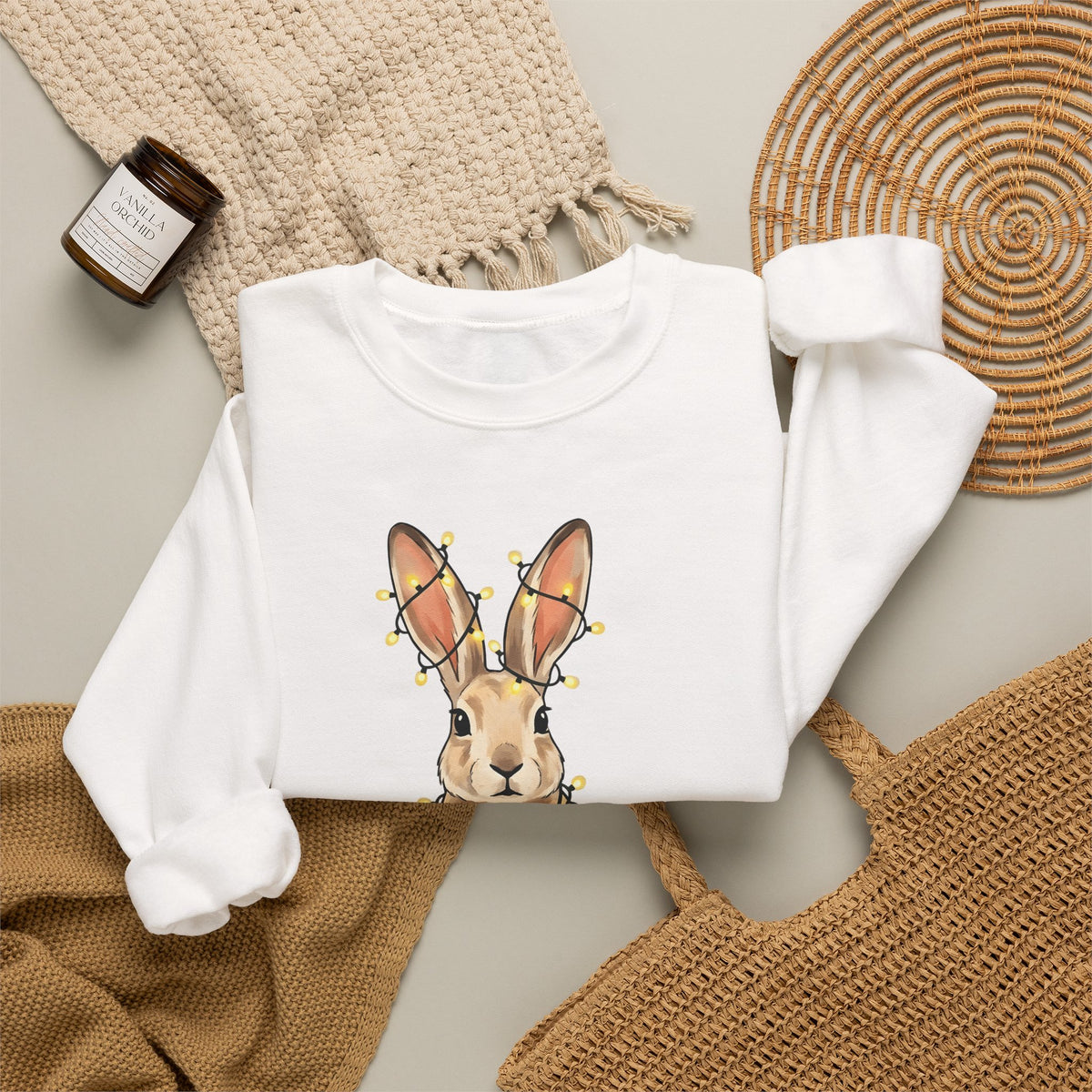 Bunny Sweatshirt Animals Holiday Gift Women Cute Sweatshirt Rabbit Sweatshirt Pet Fan Cute Sweatshirt Christmas Graphic Hand Drawn String Lights Sweatshirt