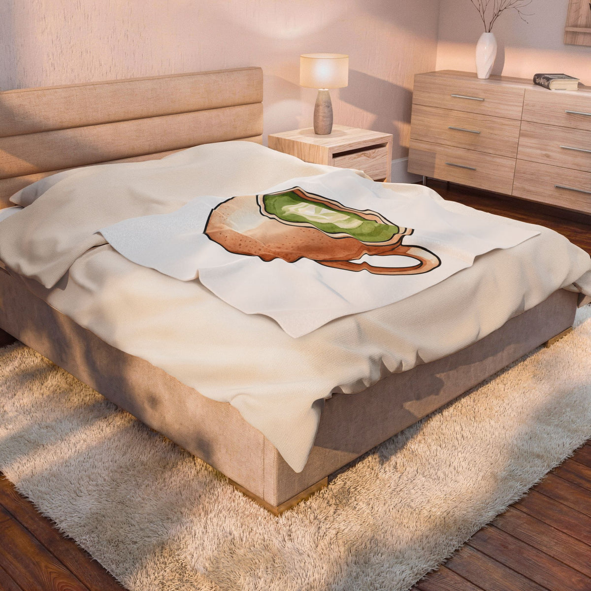 Matcha Tea Blanket Drinks Cuisine Gift Women Hand Painted Blanket Green Tea Blanket Beverage Fan Watercolor Blanket Food Graphic Simple Coffee Art