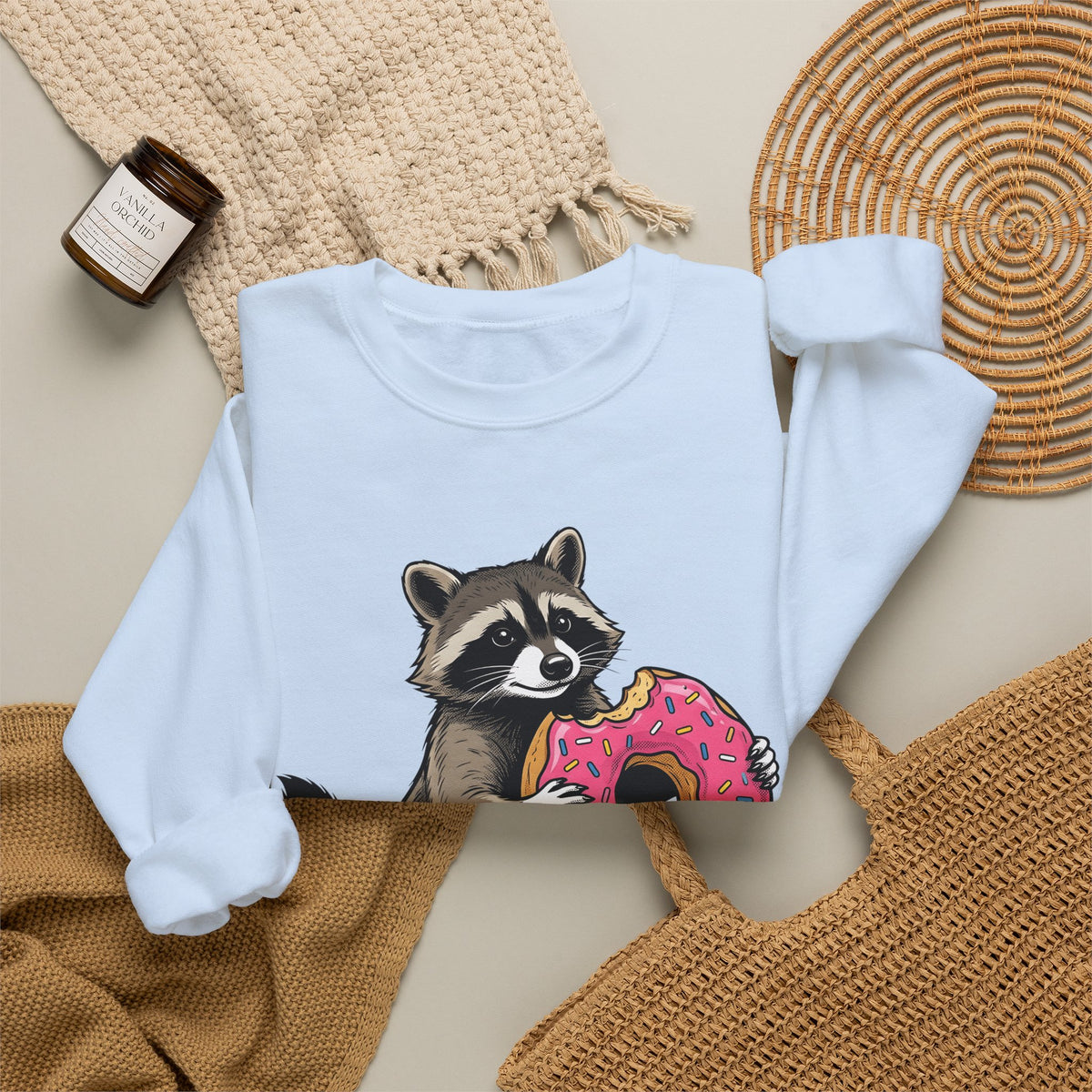 Raccoon Donut Desserts Animal Gift Cartoon Donut Pastry Fan Comic Wildlife Hand Drawn Sprinkles Sweatshirt
