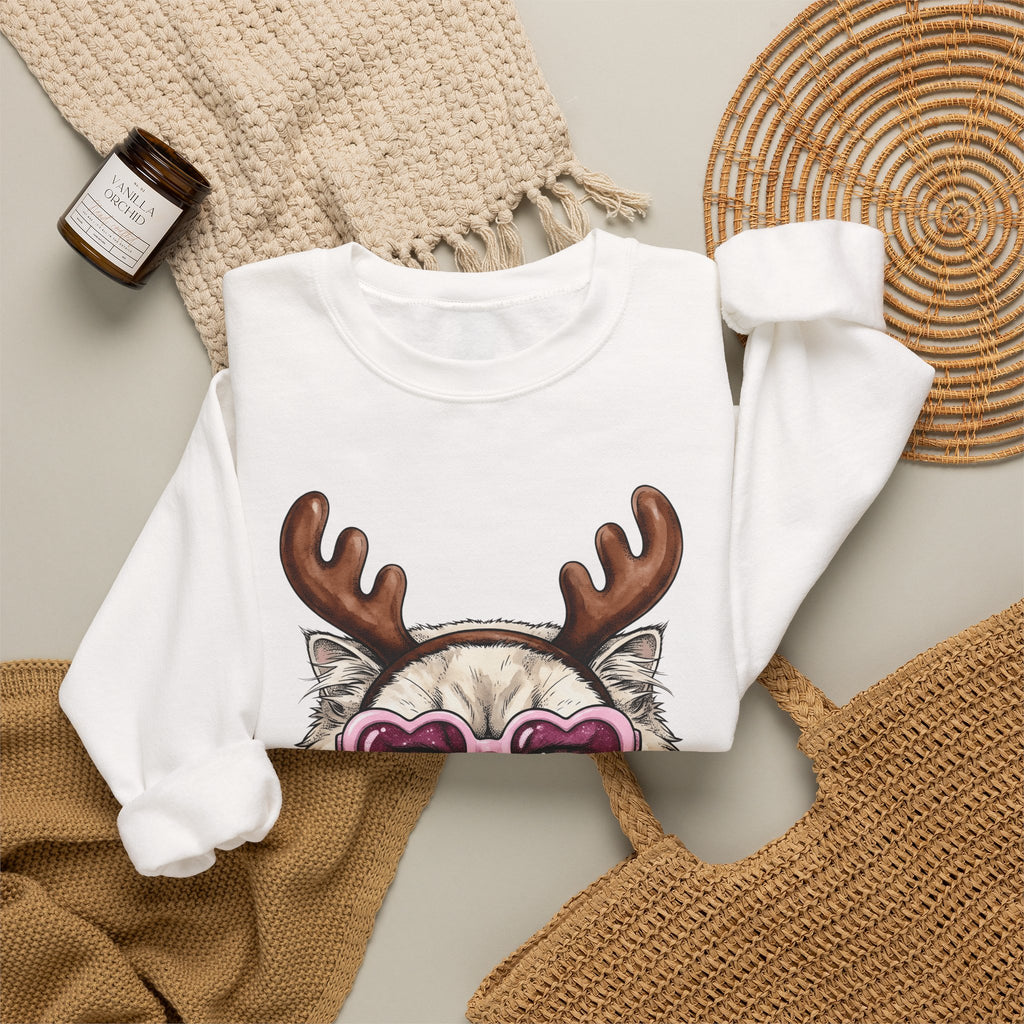 Cat Reindeer Sweatshirt Christmas Cat Gift Women Hand Drawn Sweatshirt Reindeer Sweatshirt Xmas Fan Illustrated Graphic Kitten Design Vintage Heart