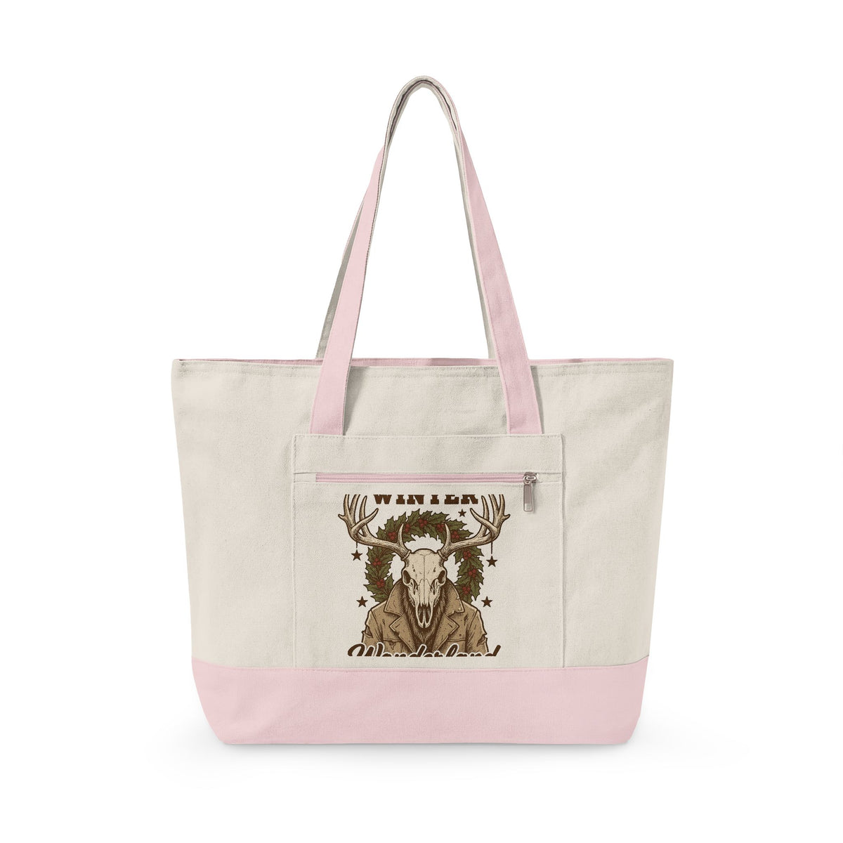 Antler Skull Tote Bag Christmas Frost Gift Women Throwback Tote Bag Deer Skull Tote Bag Xmas Fan Holiday Tote Bag Frosty Graphic Cartoon Pine Wreath