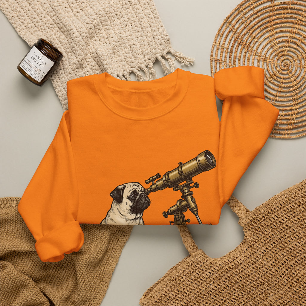 Pug Puppy Sweatshirt Dog Space Gift Women Retro Sweatshirt Puppy Sweatshirt Dog Fan Canine Sweatshirt Vintage Graphic Astronomy Illustration Sketch Binoculars