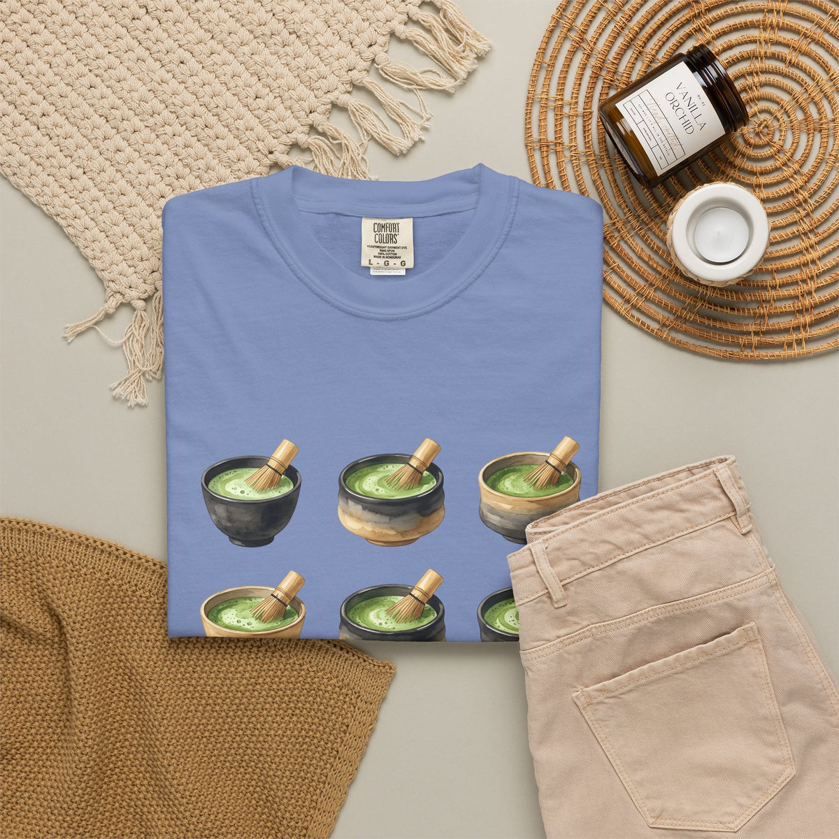 Green Tea Bowls T-Shirt Drinks Infusion Gift Women Gouache T-Shirt Tea Bowls T-Shirt Beverage Fan Watercolor T-Shirt Steeped Graphic Simple Wooden