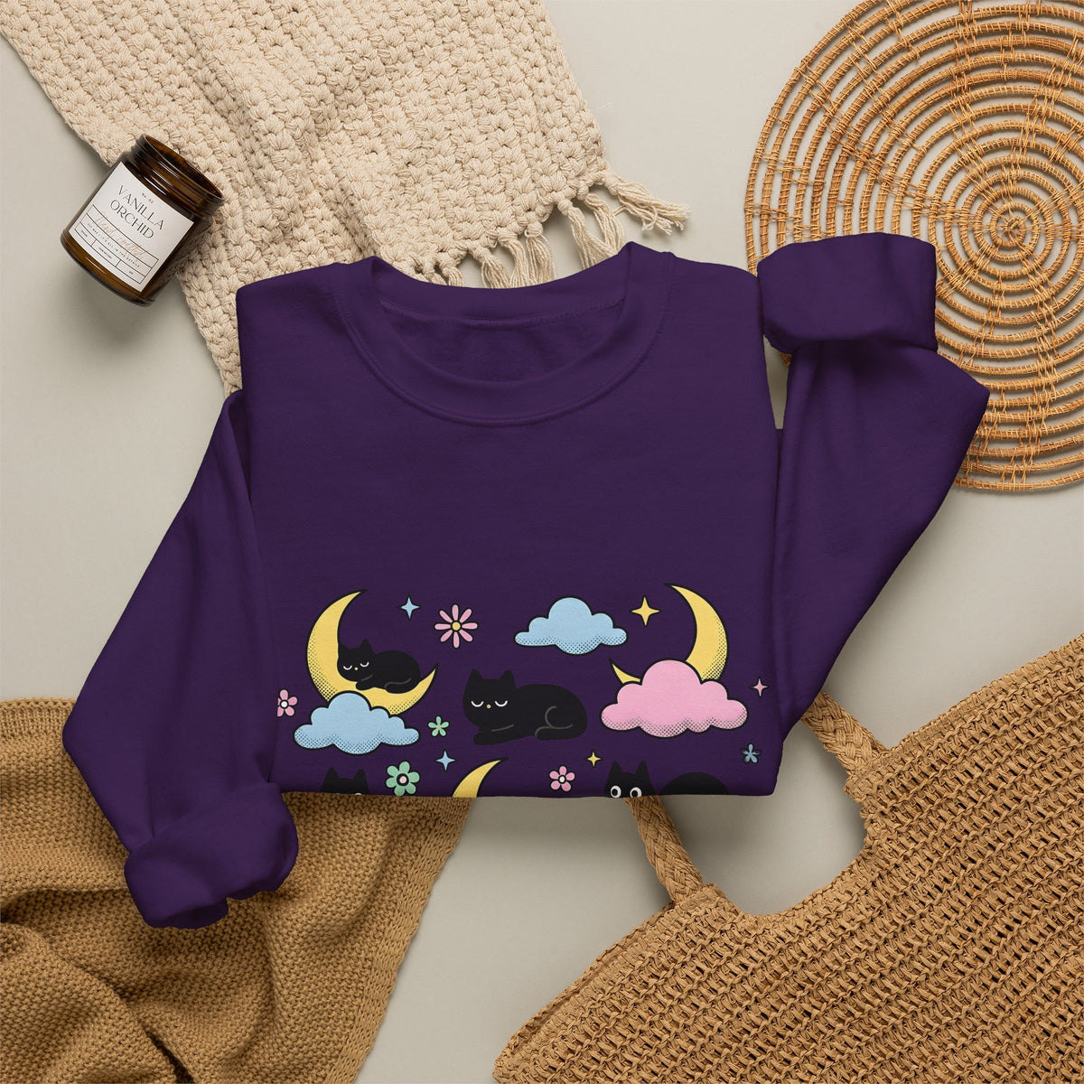 Black Cats Sweatshirt Cat Celestial Gift Women Kawaii Sweatshirt Kitties Sweatshirt Cat Fan Astrology Graphic Sweatshirt Pastel Crescent Moon Sweatshirt