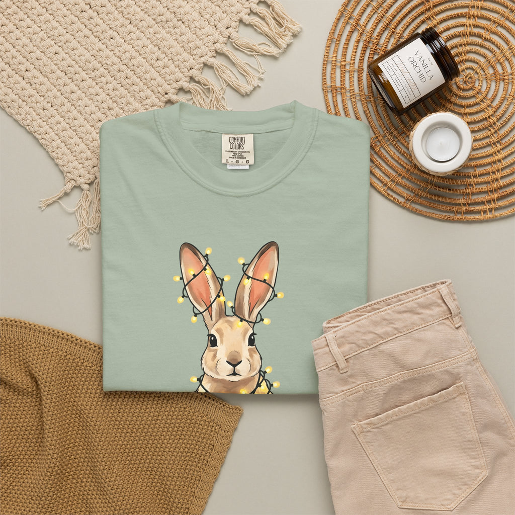 Bunny T-Shirt Animals Holiday Gift Women Cute T-Shirt Rabbit T-Shirt Pet Fan Cute T-Shirt Christmas Graphic Hand Drawn String Lights T-Shirt