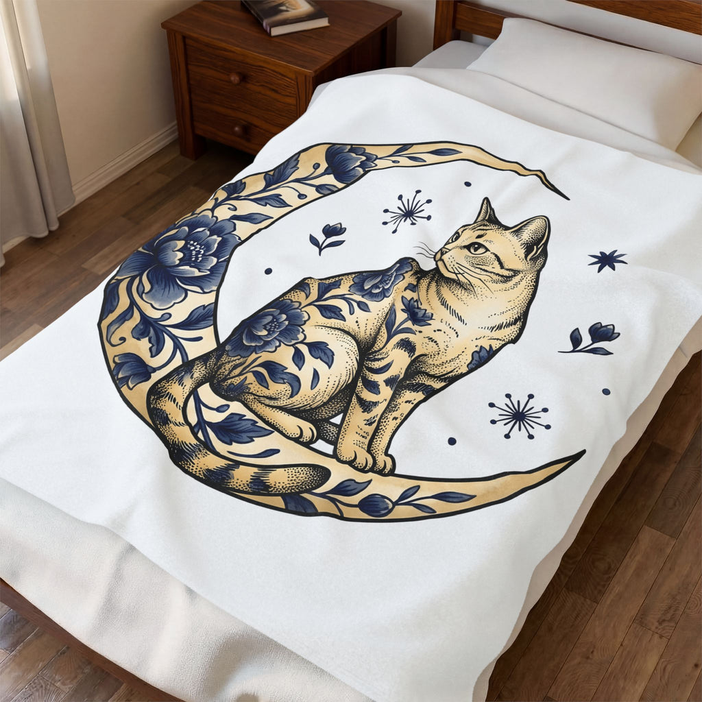 Flower Kitty Blanket Cat Astrology Gift Women Hippie Blanket Kitty Cat Blanket Cat Fan Zodiac Graphic Blanket Retro Half Moon Blanket