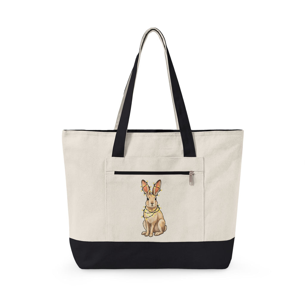 Bunny Tote Bag Animals Holiday Gift Women Cute Tote Bag Rabbit Tote Bag Pet Fan Cute Tote Bag Christmas Graphic Hand Drawn String Lights Tote Bag