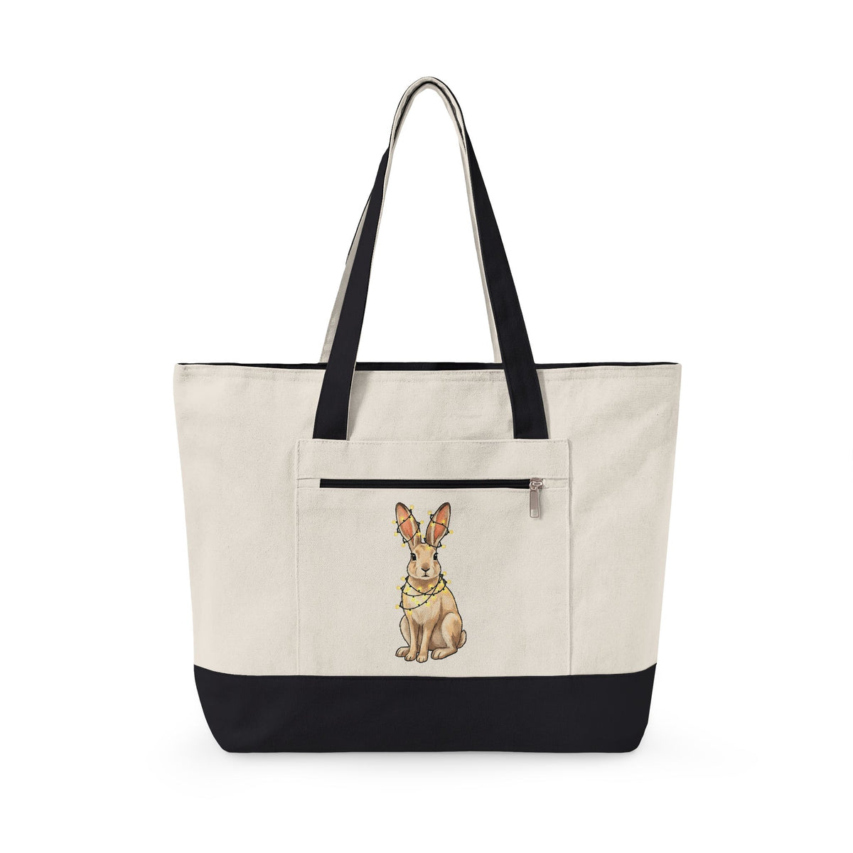 Bunny Tote Bag Animals Holiday Gift Women Cute Tote Bag Rabbit Tote Bag Pet Fan Cute Tote Bag Christmas Graphic Hand Drawn String Lights Tote Bag