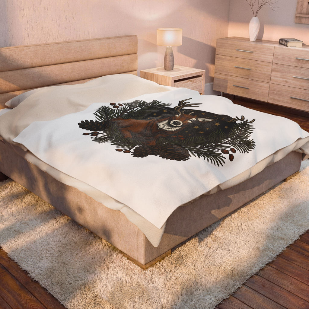 Elk Design Blanket Woodland Festive Gift Women Old School Blanket Moose Blanket Forest Fan Vintage Blanket Holiday Graphic Outline Pine Cone Blanket