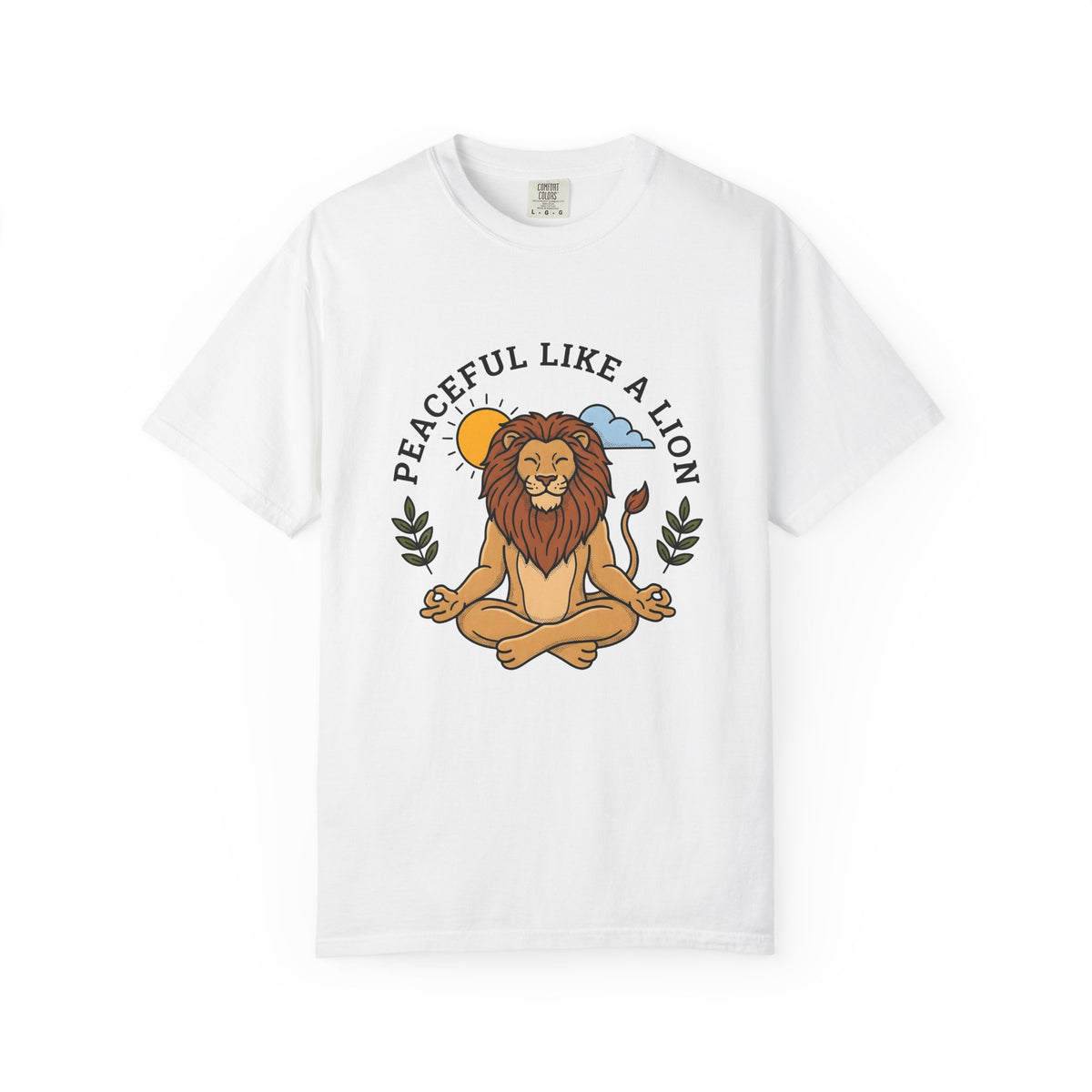 Meditating Lion T-Shirt Yoga Mindfulness Gift Women Cartoon T-Shirt Lioness T-Shirt Yoga Enthusiast Comic T-Shirt Meditation Graphic Minimalist Sun