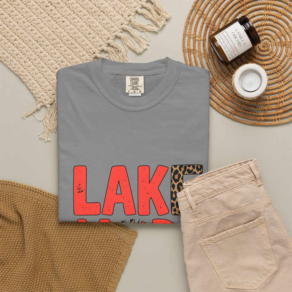 Bold Animal Print Text T-Shirt Lake Summer Gift Women Playful T-Shirt Typography T-Shirt Lakeside Fan Fun T-Shirt Vacation Graphic Retro Leopard