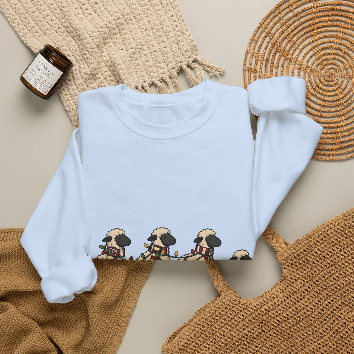 Sheep Herd Sweatshirt Christmas Wildlife Gift Women Lovable Sweatshirt Flock Sweatshirt Xmas Fan Cartoon Sweatshirt Animal Graphic Doodle Festive Lights Sweatshirt