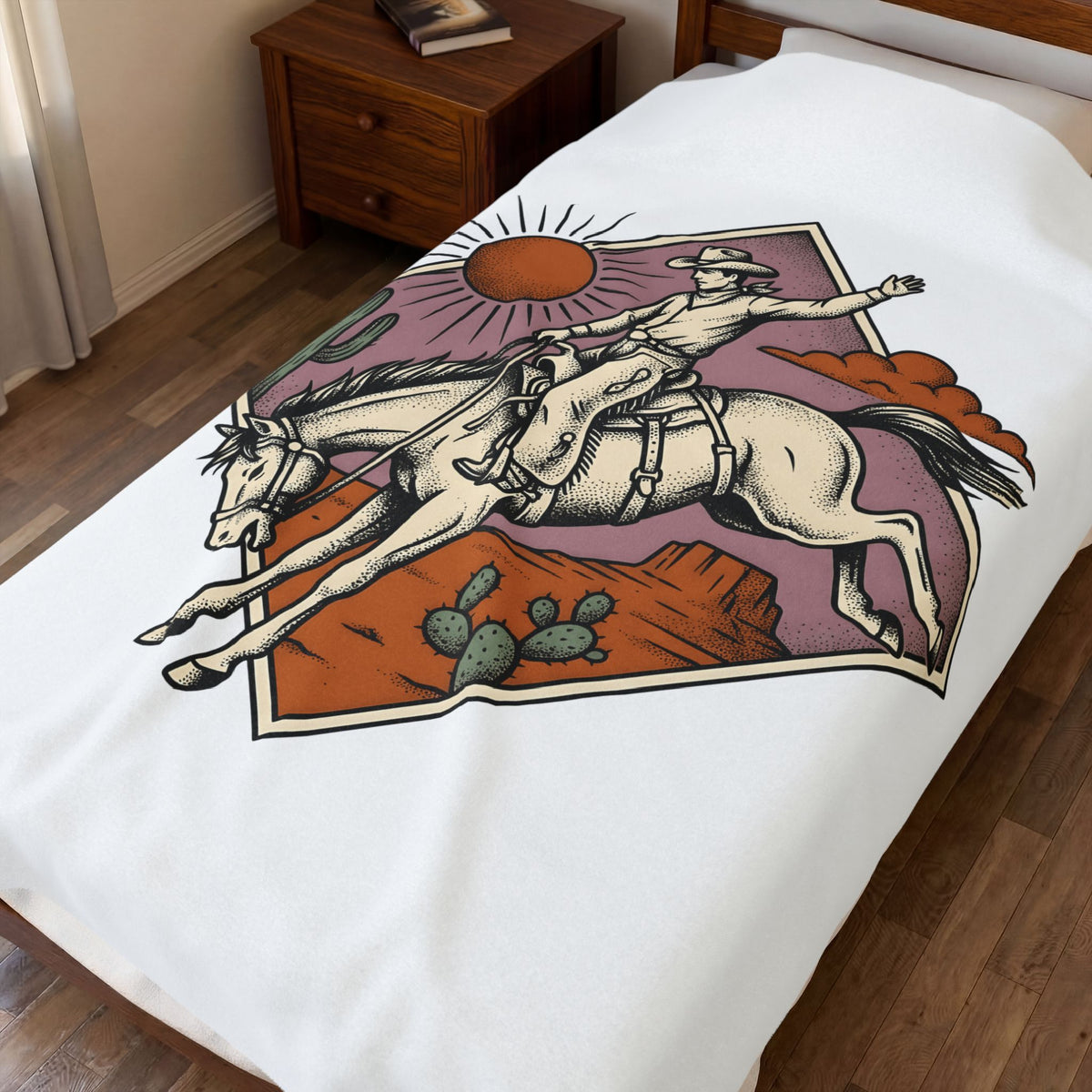 Bronc Rider Blanket Cowgirl Ranch Gift Women Sketch Blanket Rough Rider Blanket Cowboy Fan Rodeo Blanket Farm Graphic Tribal Desert Plant Blanket