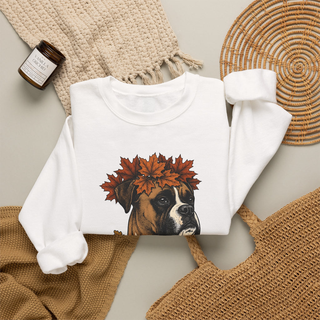 Boxer Puppy Sweatshirt Dog Autumn Gift Women Retro Sweatshirt Puppy Sweatshirt Dog Fan Pup Sweatshirt Fall Graphic Sketch Fall Leaves Sweatshirt