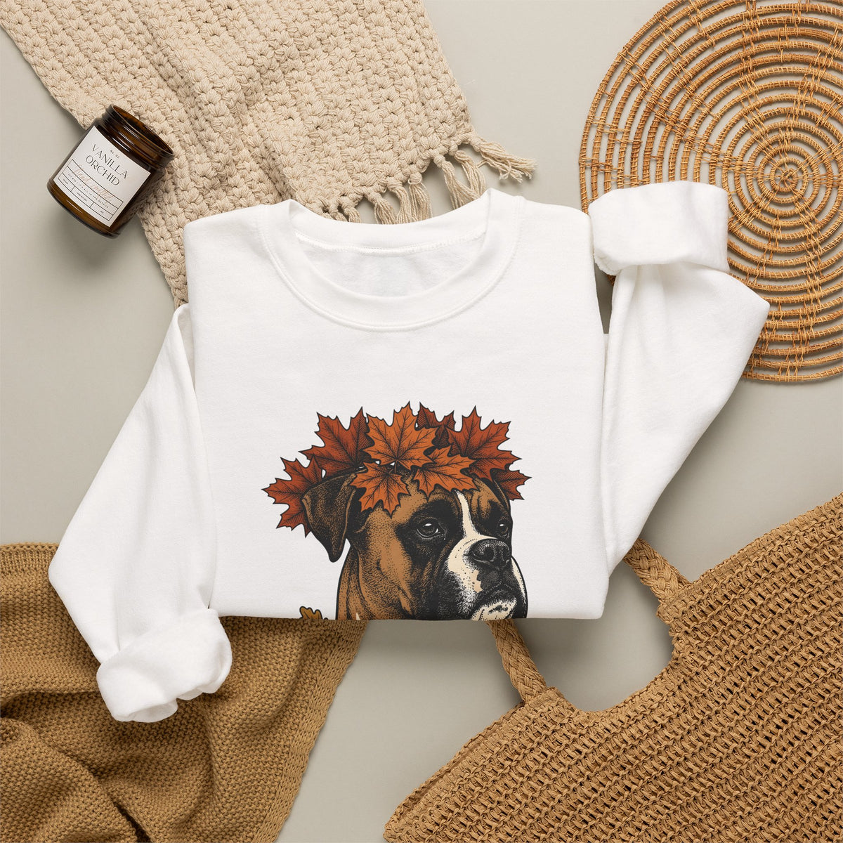 Boxer Puppy Sweatshirt Dog Autumn Gift Women Retro Sweatshirt Puppy Sweatshirt Dog Fan Pup Sweatshirt Fall Graphic Sketch Fall Leaves Sweatshirt
