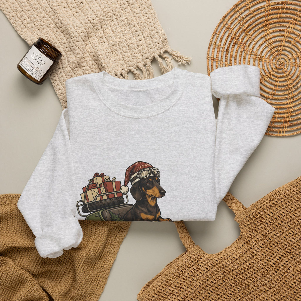 Wiener Dog Sweatshirt Christmas Creatures Gift Women Old School Sweatshirt Dachshund Sweatshirt Holiday Fan Retro Sweatshirt Animal Graphic Doodle Motorbike