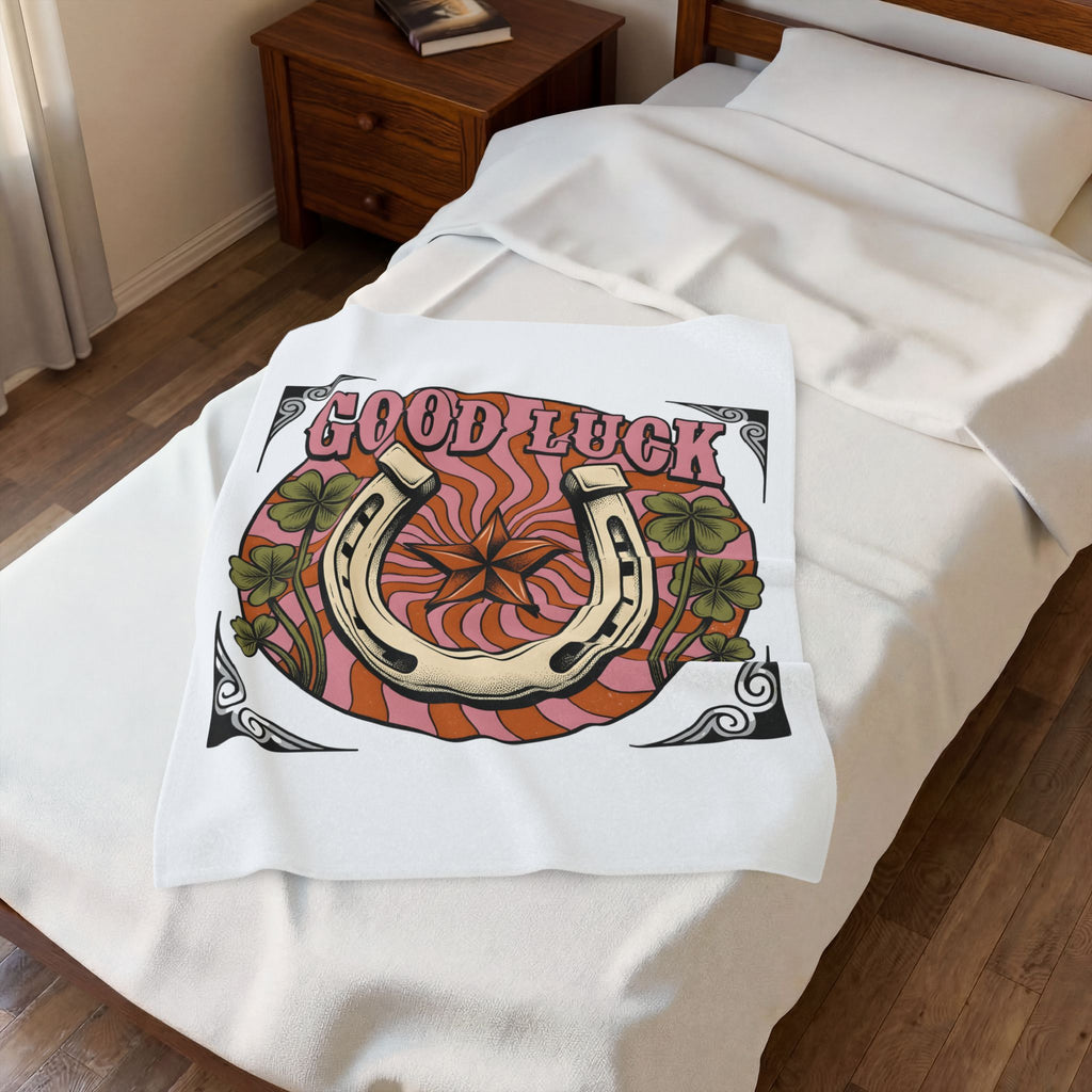Star Horseshoe Blanket Cowgirl Ranch Gift Women Old School Blanket Horseshoe Blanket Cowboy Fan Rodeo Blanket Farm Design Hand Drawn Four Leaf