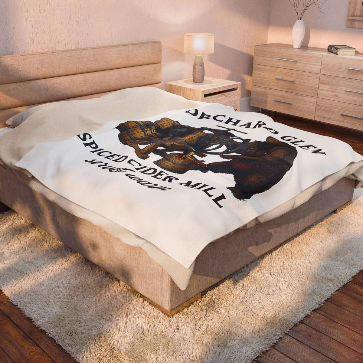 Bear Cider Machine Blanket Christmas Leaves Gift Women Old Fashioned Blanket Cider Press Blanket Xmas Fan Vintage Blanket Foliage Graphic Ink