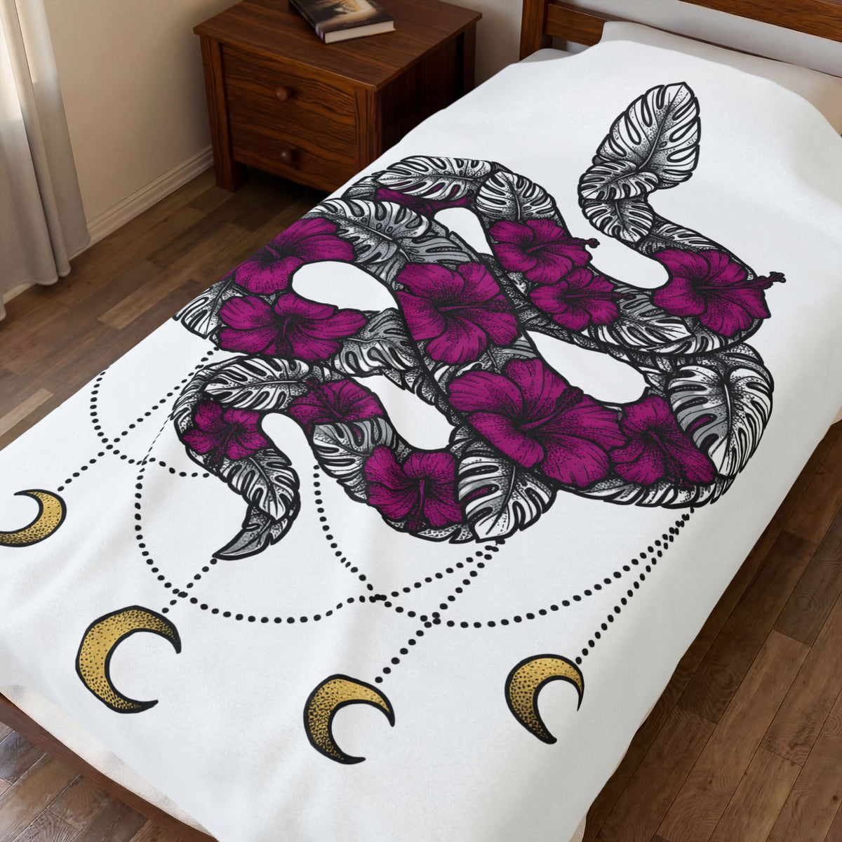 Serpent Flower Blanket Boho Chic Spiritual Gift Women Hippie Blanket Snake Flower Blanket Bohemian Enthusiast Psychedelic Blanket Mystical Graphic
