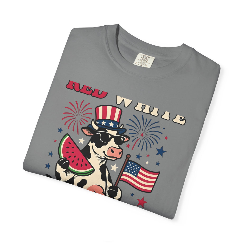 Patriotic Cow T-Shirt 4th Of July Farming Gift Women Animated T-Shirt Cowgirl T-Shirt Independence Fan Cartoon T-Shirt Agricultural Graphic Classic