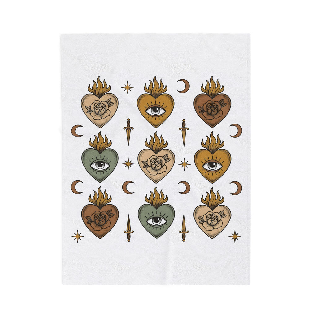 Sacred Heart Pattern Blanket Boho Chic Mystical Gift Women Tattoo Blanket Heart Design Blanket Bohemian Fan Ink Graphic Blanket Vintage Crescent