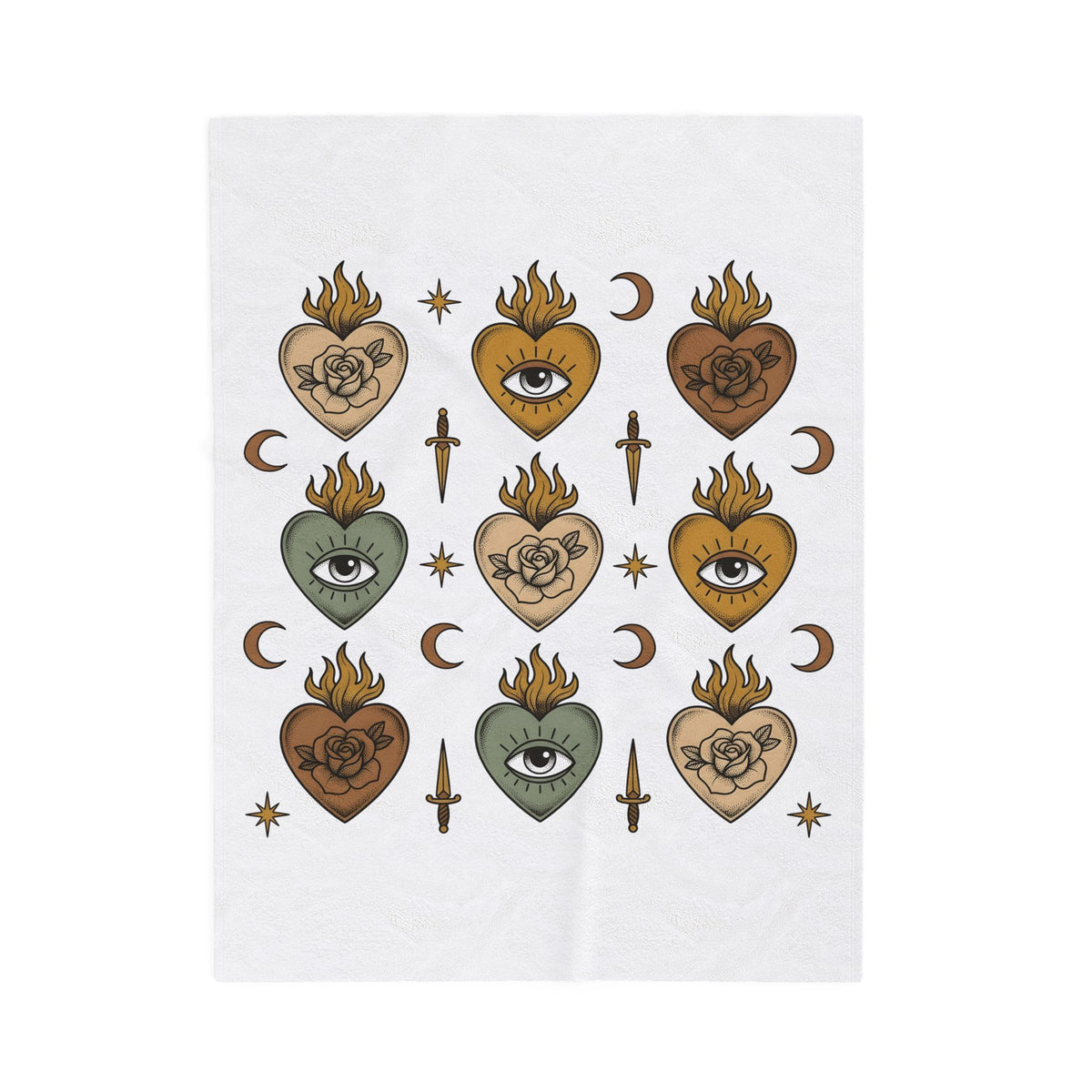Sacred Heart Pattern Blanket Boho Chic Mystical Gift Women Tattoo Blanket Heart Design Blanket Bohemian Fan Ink Graphic Blanket Vintage Crescent