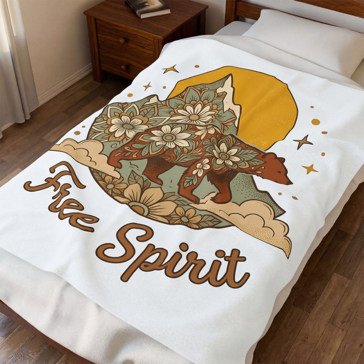 Flower Bear Blanket Boho Chic Outdoors Gift Women Hippie Blanket Teddy Bear Blanket Bohemian Fan Psychedelic Blanket Nature Graphic Retro Hill