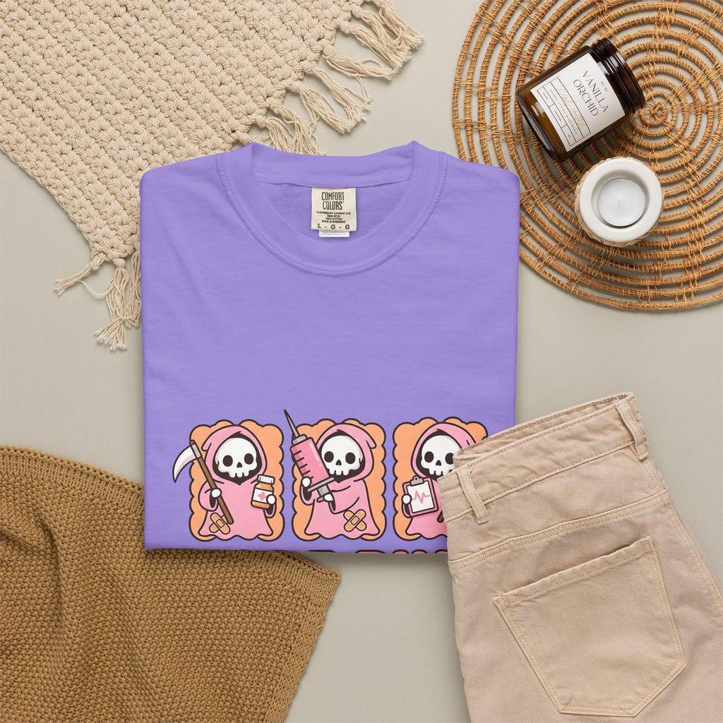 Lovable Reaper Figure T-Shirt Nurses Wellness Gift Women Manga T-Shirt Grim Reaper T-Shirt Nurse Enthusiast Anime T-Shirt Health Graphic Design
