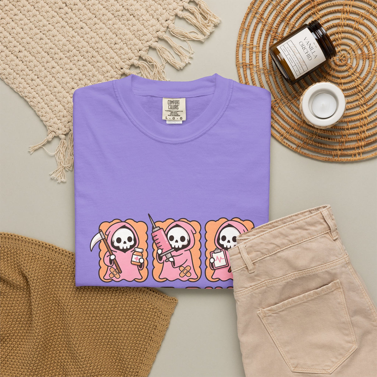 Lovable Reaper Figure T-Shirt Nurses Wellness Gift Women Manga T-Shirt Grim Reaper T-Shirt Nurse Enthusiast Anime T-Shirt Health Graphic Design