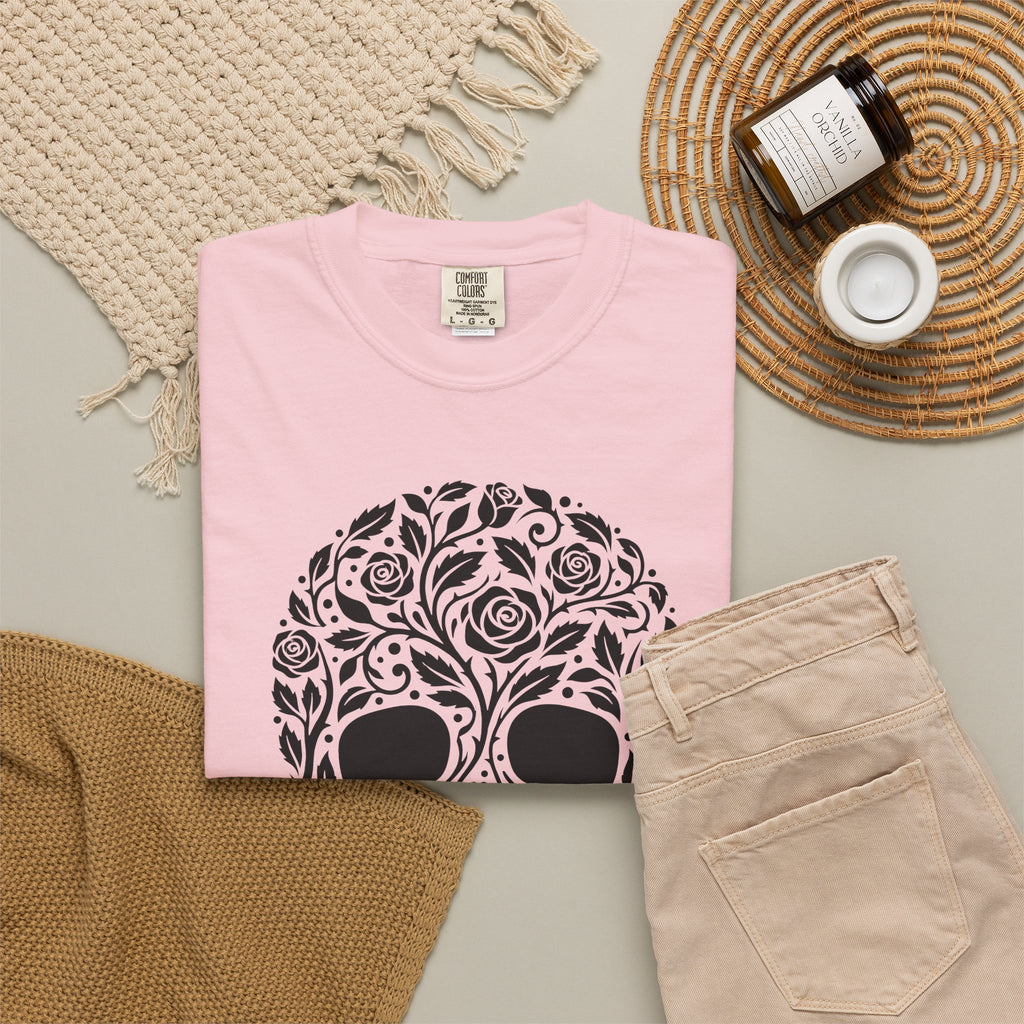 Blossom Skull T-Shirt St. Valentine's Day Macabre Gift Women Line Art T-Shirt Sugar Skull T-Shirt Valentine Fan Hand Drawn T-Shirt Dark Graphic