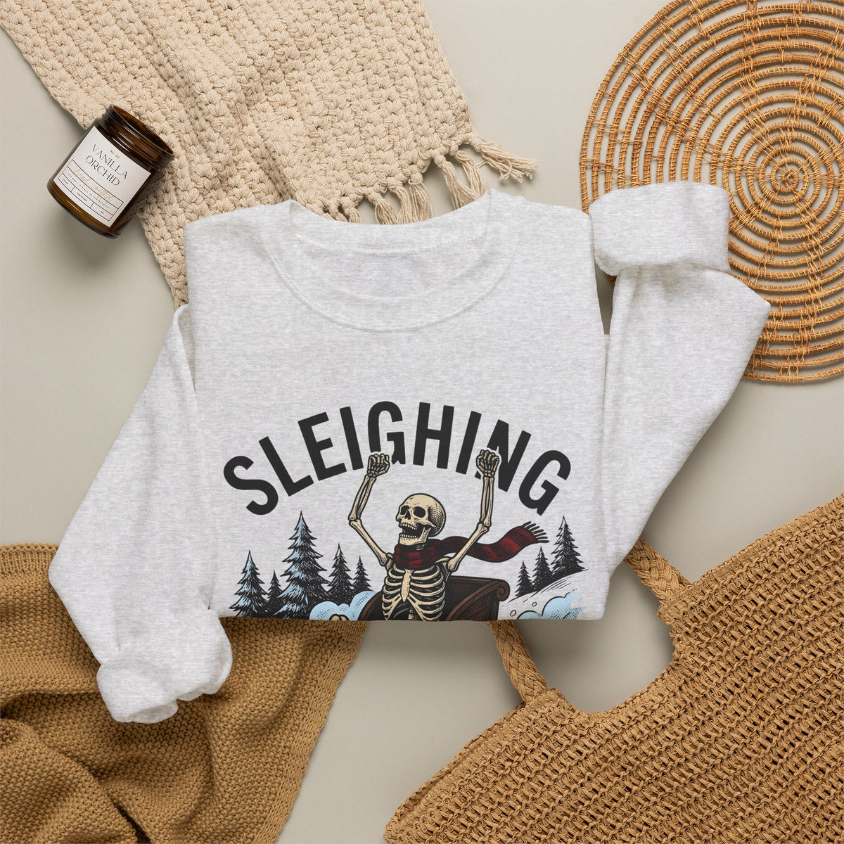 Bone Sleigh Sweatshirt Christmas Comedy Gift Women Shabby Chic Sweatshirt Sleigh Bell Sweatshirt Xmas Fan Distressed Sweatshirt Humor Graphic Doodle Fir Trees